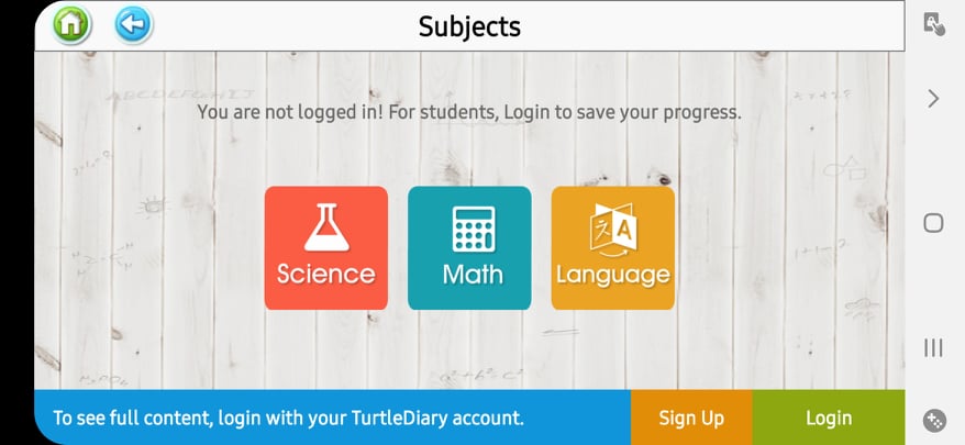 قسم الكويزات في تطبيق Turtle Diary