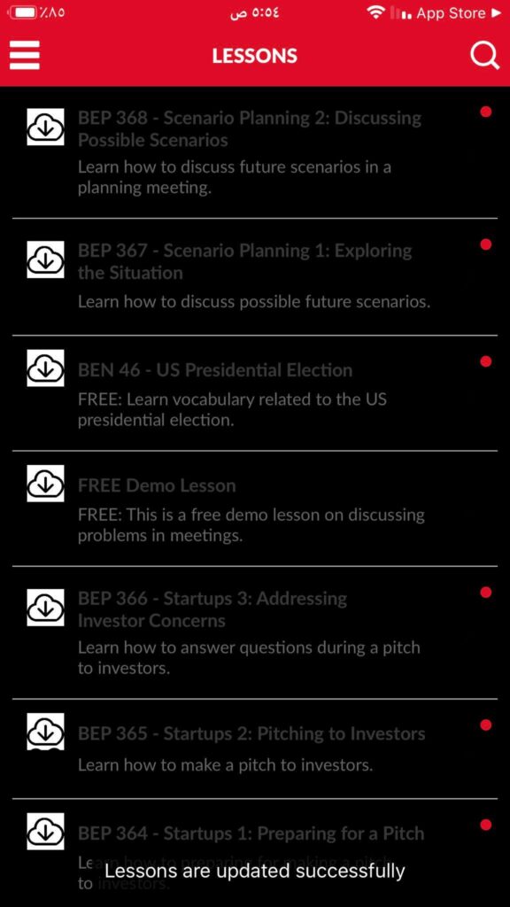 عرض الدروس الخاصة بتطبيق Business English by BEP