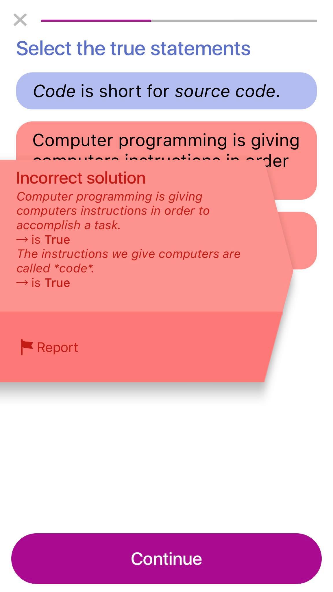 إجابة خاطئة في تطبيق Tap Coding
