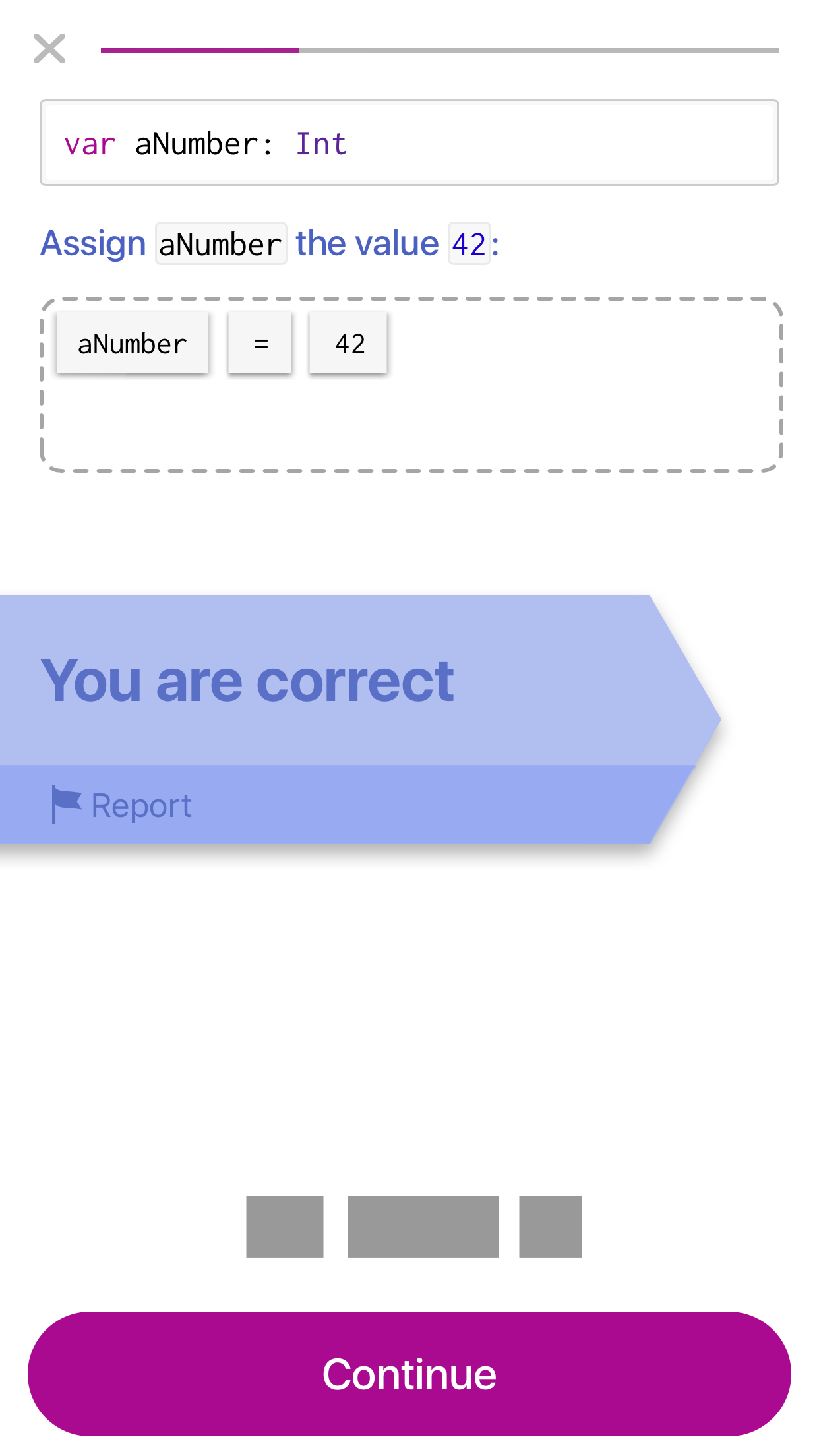 إجابة صحيحة في تطبيق تعليم لغة السويفت للايفون