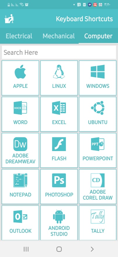 قسم Computer في تطبيق Keyboard Shortcuts‏
