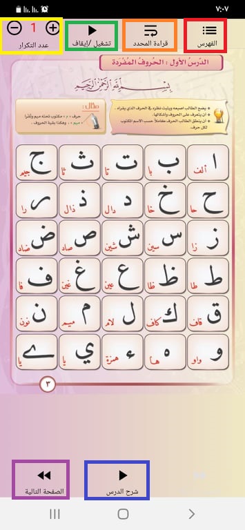 استخدام تطبيق قاعدة النور لشرح الطريقة النورانية لتعليم اللغة العربية