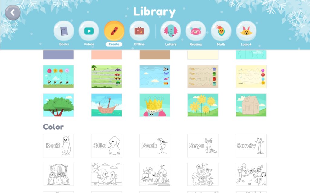 قسم الرسم والتلوين في تطبيق Khan Academy Kids