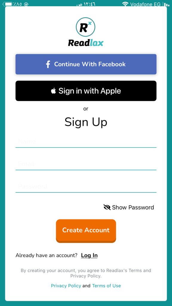 التسجيل في تطبيق Readlax
