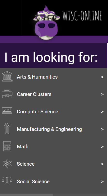 أقسام موقع Wisc-Online 