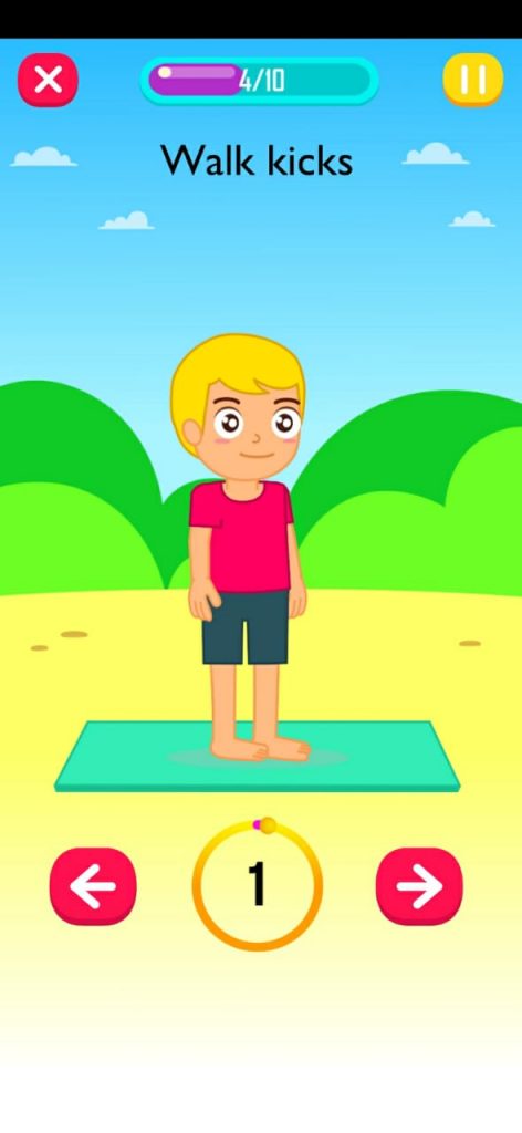 تمرين walk kicks في المستوى الأول من تطبيق Exercise for Kids at home