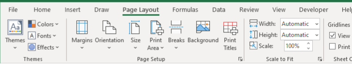 قائمة Page Layout من قائمتي رسم وتخطيط الصفحة لبرنامج ميكروسوفت اكسل