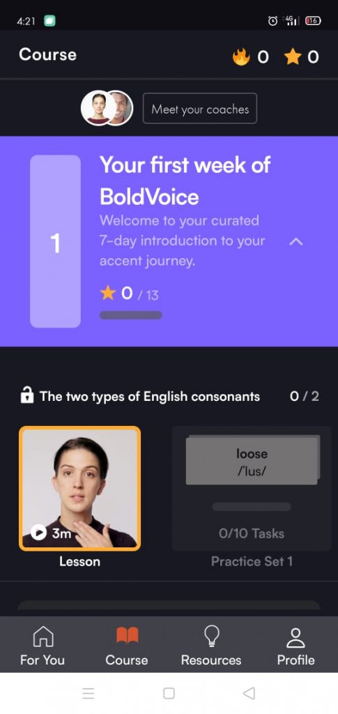 قسم الكورسات في تطبيق Bold Voice