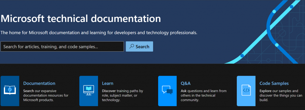 الأقسام الرئيسية لموقع Microsoft Docs