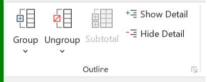مجموعة outline من قائمتي Formulas وData لبرنامج Microsoft Excel