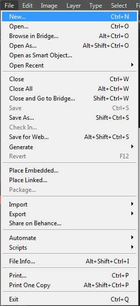 قائمة File لبرنامج Adobe Photoshop