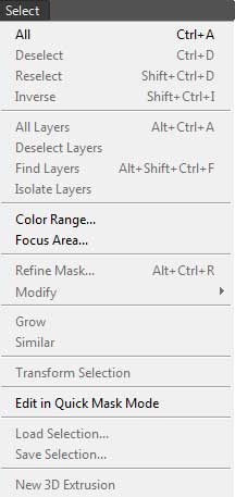 قائمة select من برنامج Adobe Photoshop