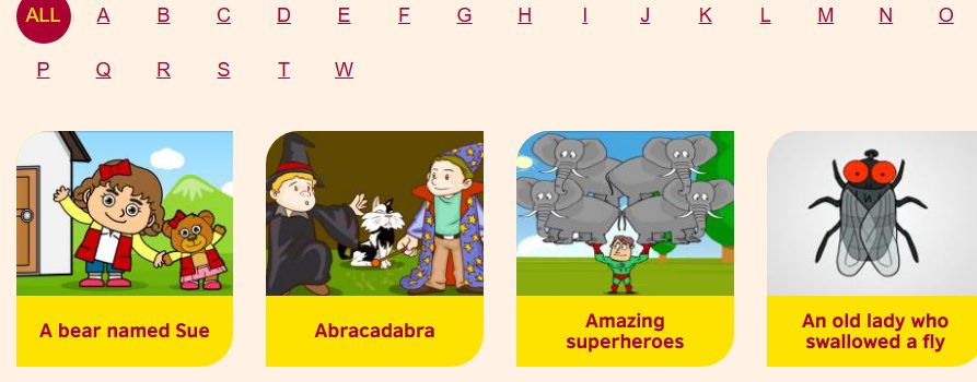 الأغاني من قسم listen and watch في موقع learn english kids