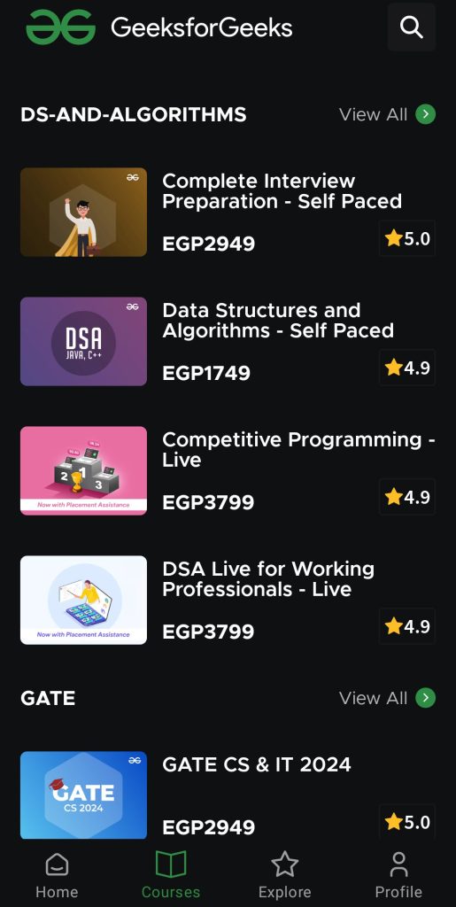 الدورات التدريبية التي يوفرها لك تطبيق GeeksforGeeks