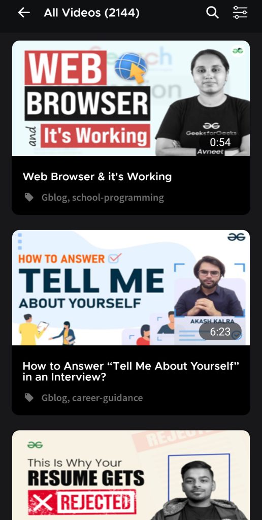 الفيديوهات المتاحة في برنامج GeeksforGeeks