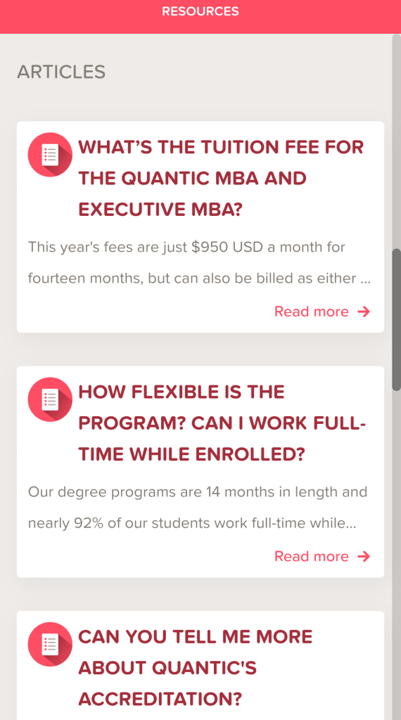 قسم المقالات في تطبيق Quantic