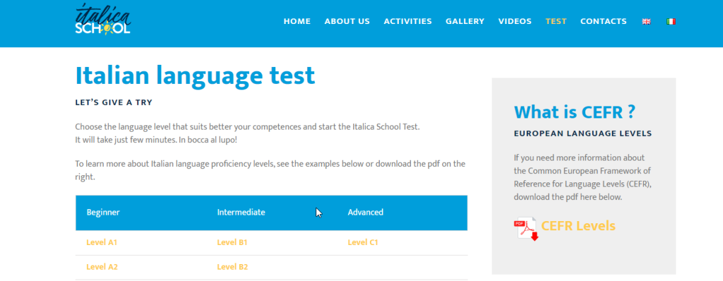 موقع Italica.school لاختبار مستواك في اللغة الإيطالية