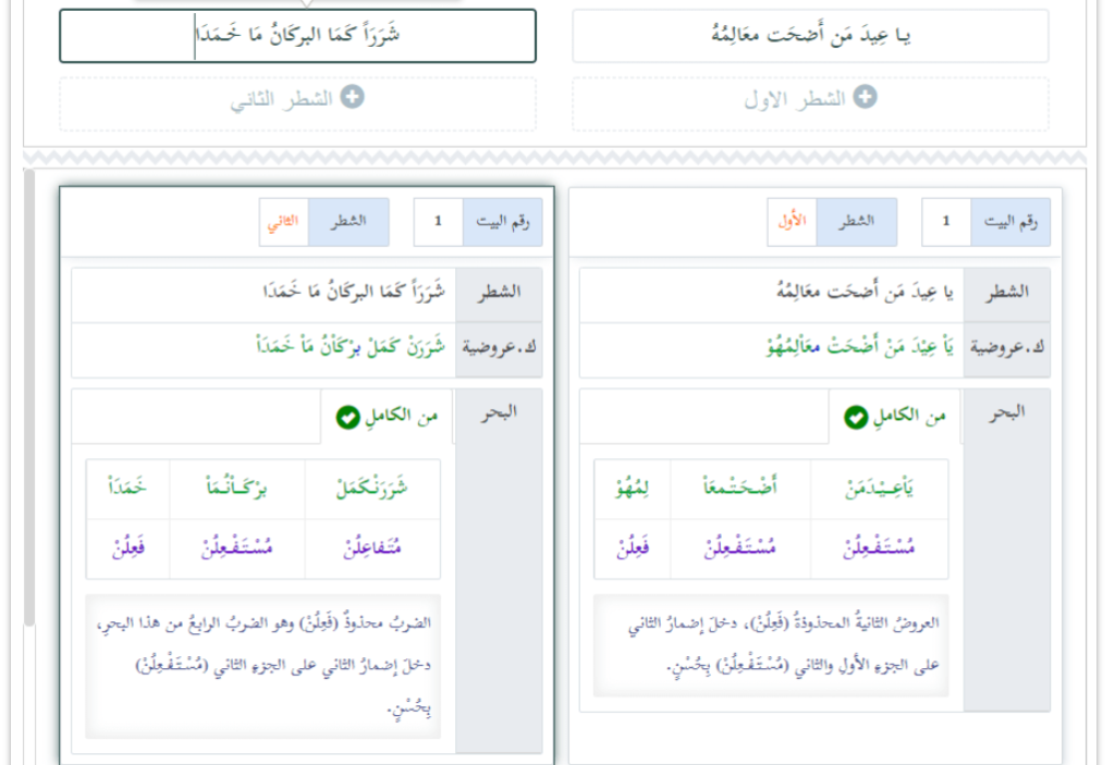 مثال على تصحيح البيت الشعري في موقع خبير العروض