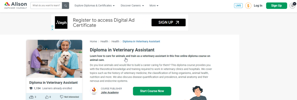 دبلومة Diploma in Veterinary Assistant أحد دورات لطلاب الطب البيطري
