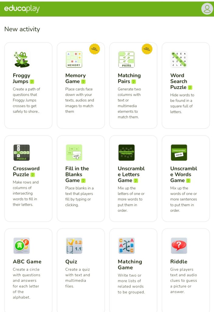 نماذج الألعاب التعليمية في موقع Educaplay
