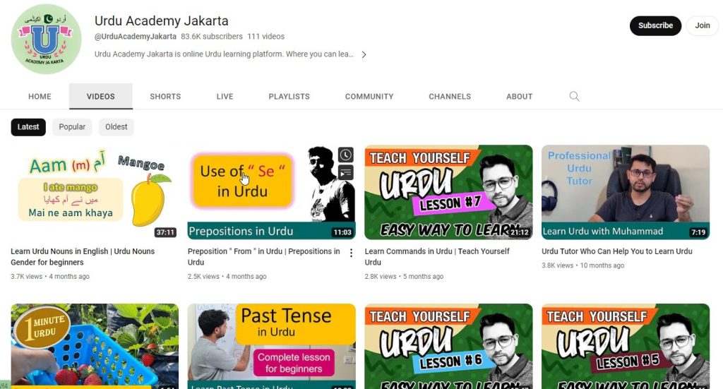 قناة Urdu Academy Jakarta لتعليم اللغة الآردية