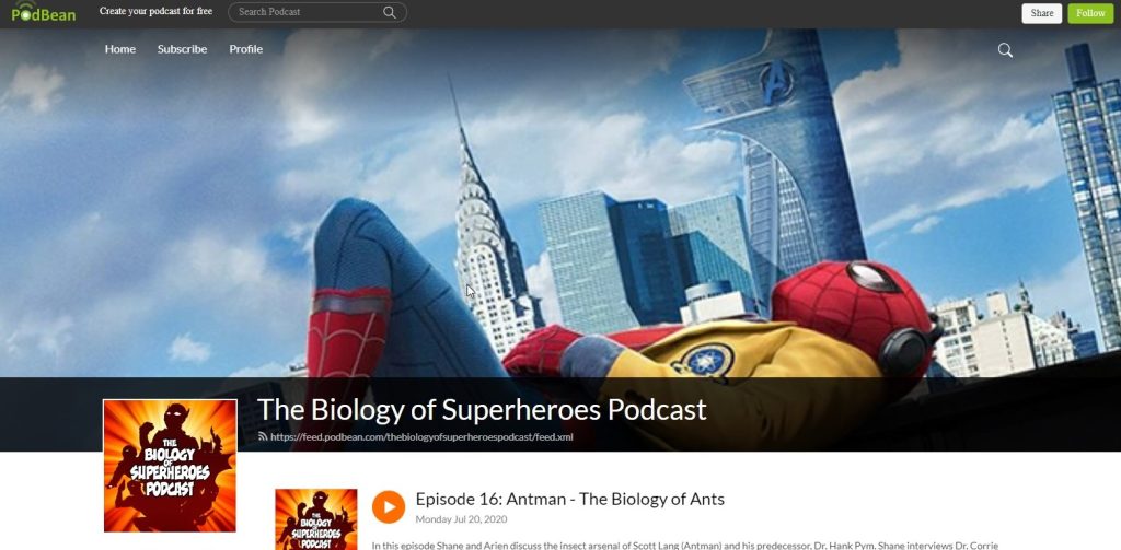 موقع The biology of superheroes podcast أحد مواقع بودكاست لدراسة الأحياء