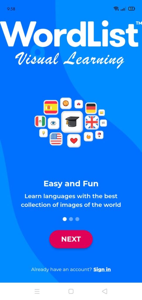 الشاشة الرئيسية لتطبيق WordList Visual Learning