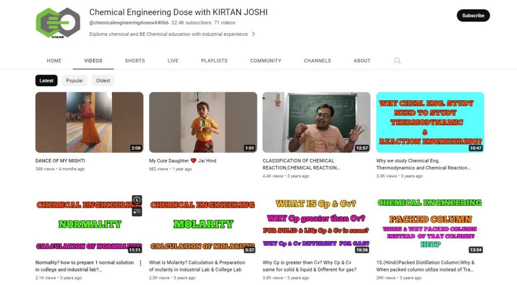 قناة Chemical Engineering Dose with KIRTAN JOSHI