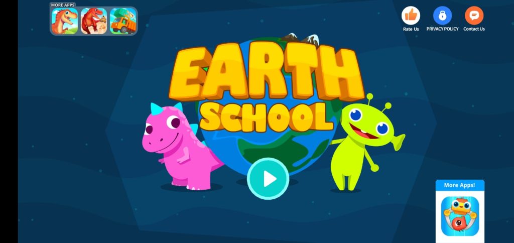 الشاشة الرئيسية لتطبيق earth school