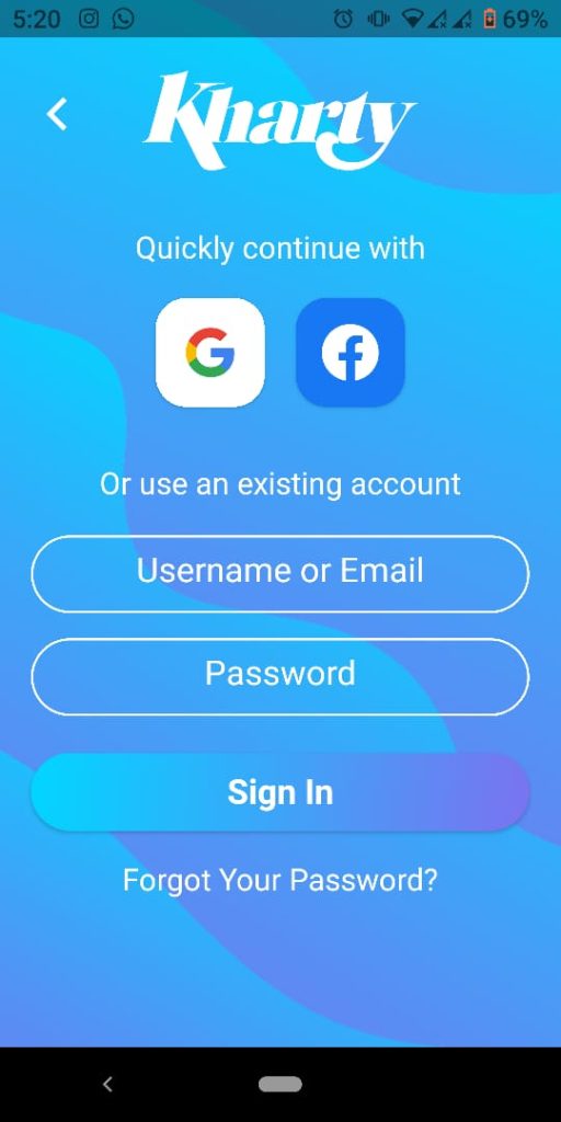 صفحة تسجيل الدخول في تطبيق Kharty