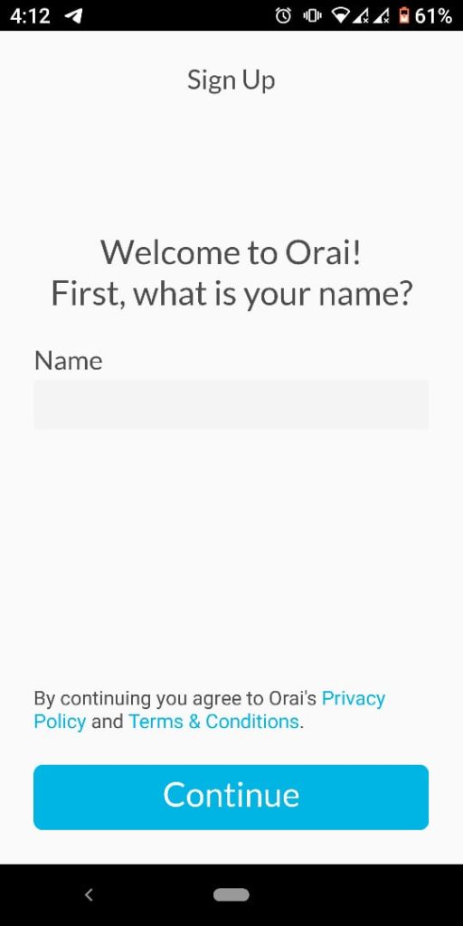 صفحة تسجيل الدخول لتطبيق Orai