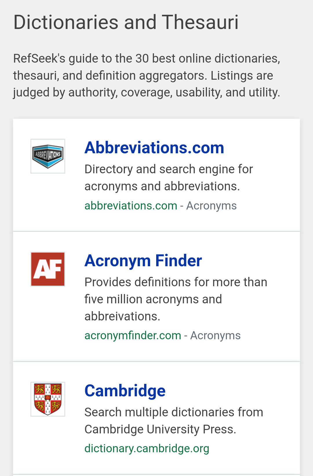 المصادر الخاصة ب القواميس في محرك بحث Refseek 
