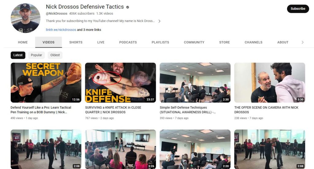 قناة Nick Drossos Defensive Tactics من قنوات تعلم الدفاع عن النفس