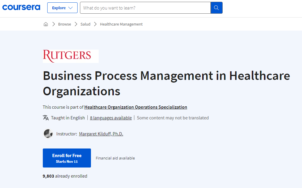 دورة Business Process Management in Healthcare Organizations