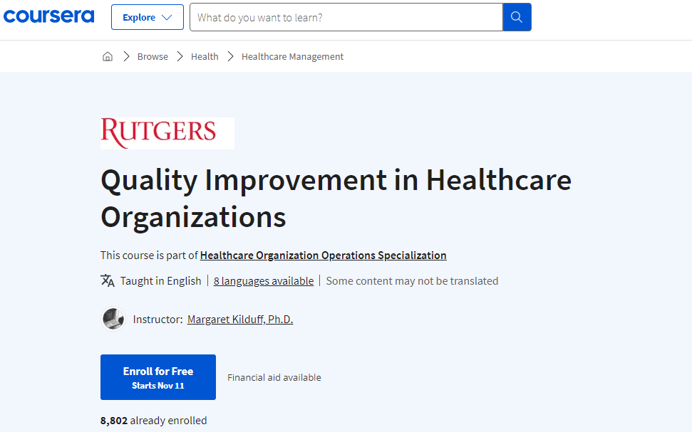 دورة Quality Improvement in Healthcare Organizations