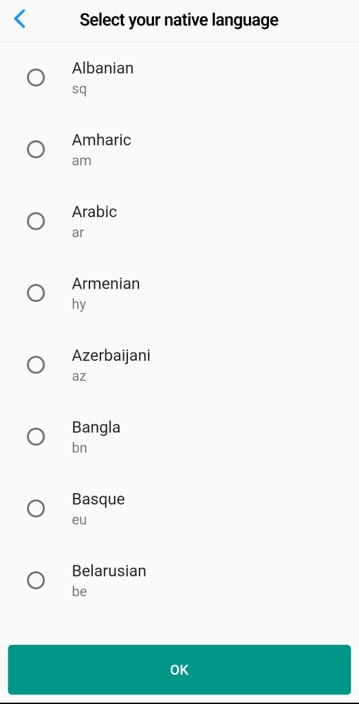 اختيار اللغة الأم الخاصة بك في تطبيق Zeng