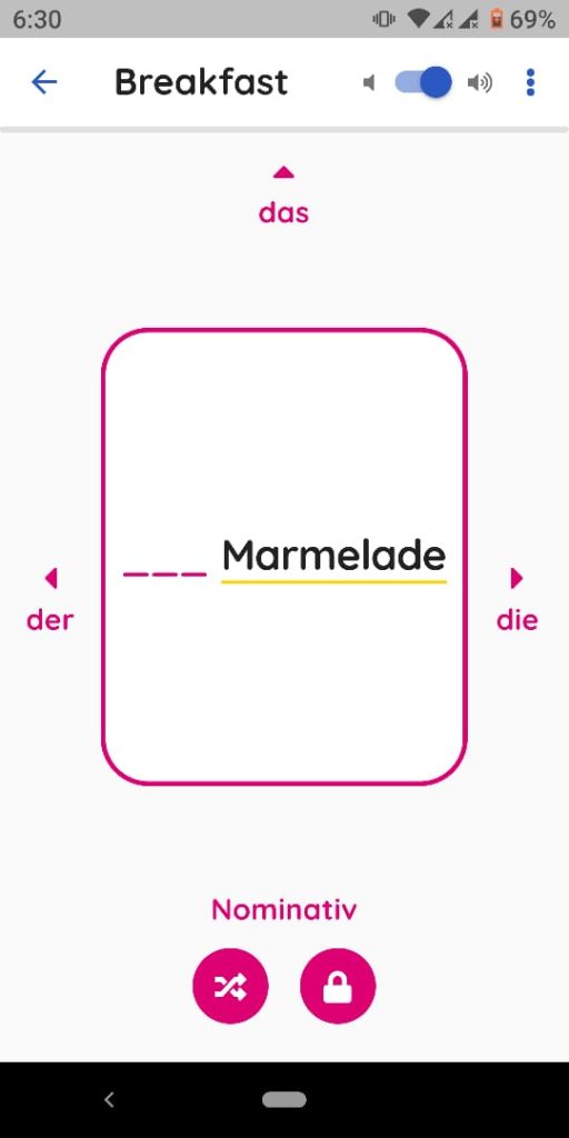 صفحة التدريب في تطبيق Grammapp