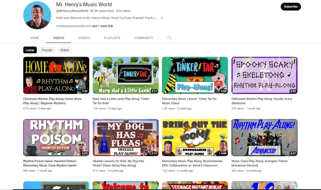 قناة Mr. Henry's Music World لتعليم عزف الموسيقى للأطفال
