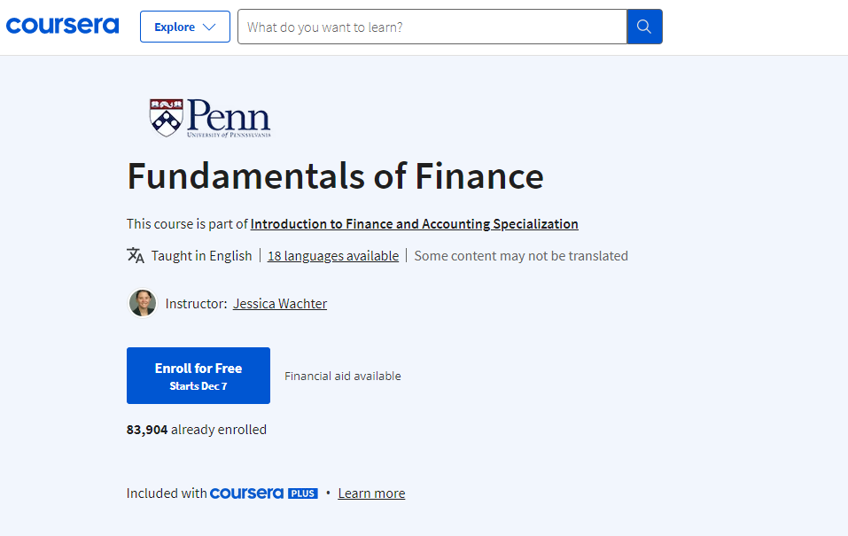 دورة Fundamentals of Finance
