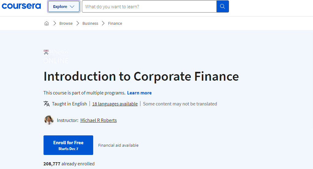 دورة Introduction to Corporate Finance