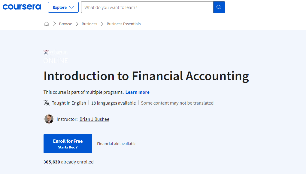دورة Introduction to Financial Accounting