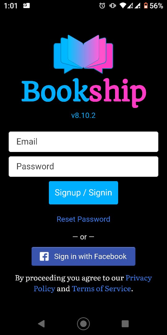 صفحة تسجيل الدخول لتطبيق Bookship 