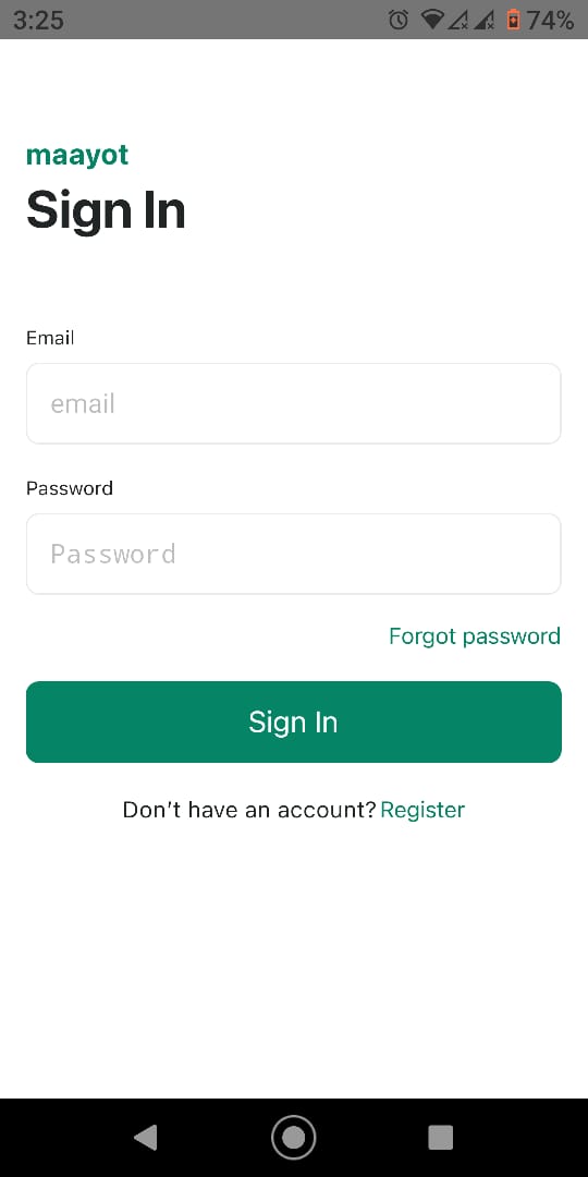 صفحة تسجيل الدخول لتطبيق Maayot