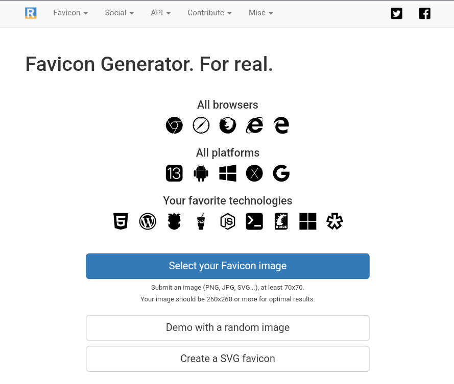 موقع RealFaviconGenerator لإنشاء مولد الأيقونات