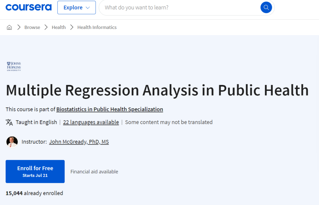 دورة Multiple Regression Analysis in Public Health