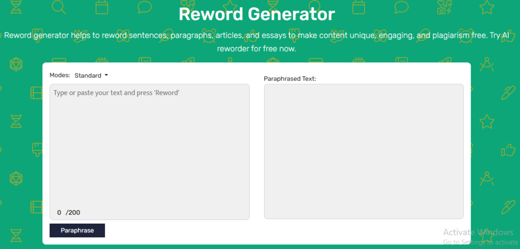موقع Reward Generator لإعادة كتابة الجمل باستخدام الذكاء الاصطناعي