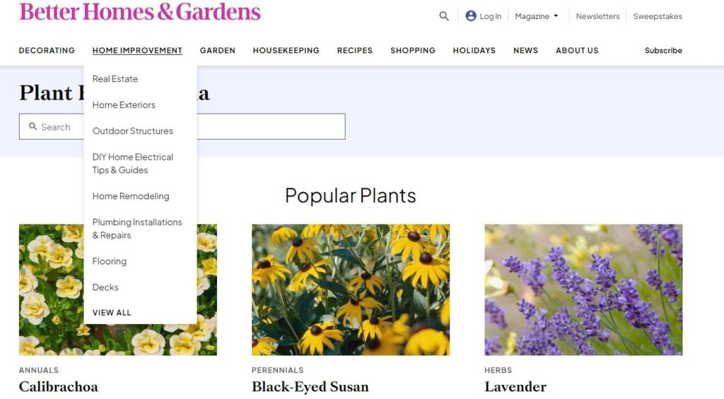 موقع Better Homes & Gardens للبحث عن مصطلحات النباتات