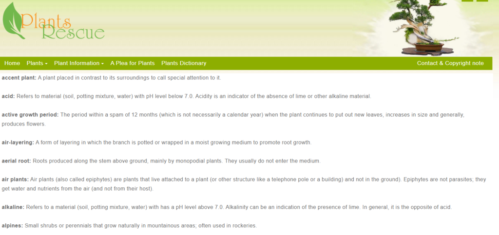 موقع Plants Rescue للبحث عن مصطلحات النباتات