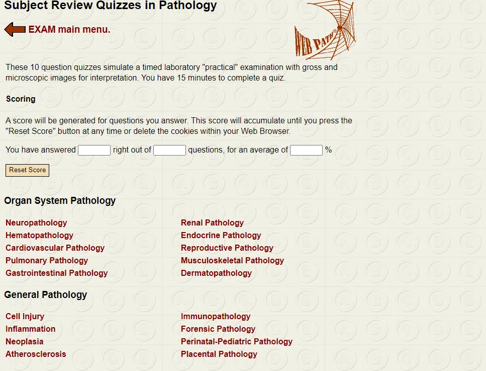 موقع Subject Review Quizzes in Pathology لاختبار علم الامراض 