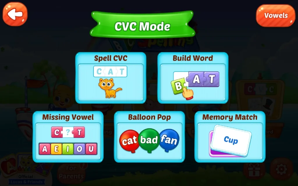 ألعاب cvc mode في تطبيق abc Spelling 